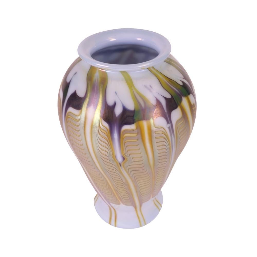 Vintage Carlson art glass vase made from hand-blown glass with a gold feather or 