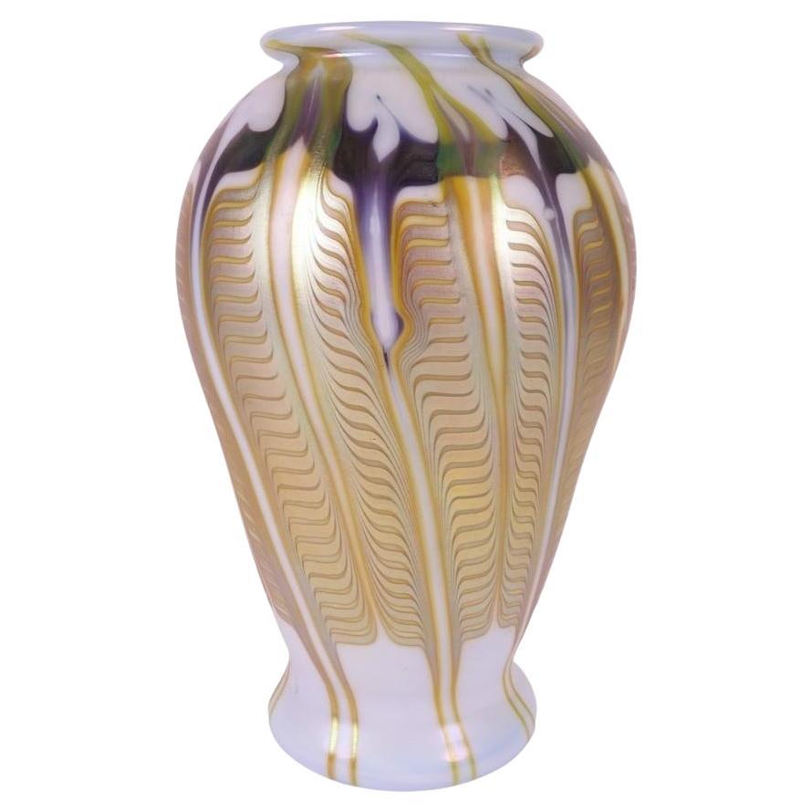 Vintage Carlson Favrile Art Glass Vase Gold Feather Design 1979 For Sale