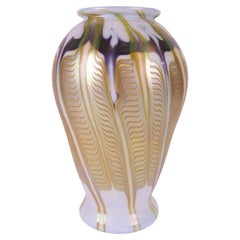 Vintage Carlson Favrile Art Glass Vase Gold Feather Design 1979