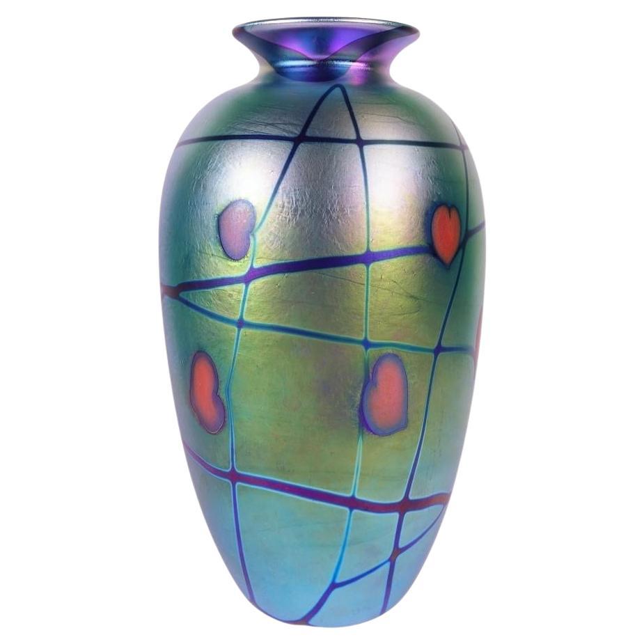 Vintage Carlson Studio Art Glass Vase Blue Heart & Vine Design 1994 Favrile