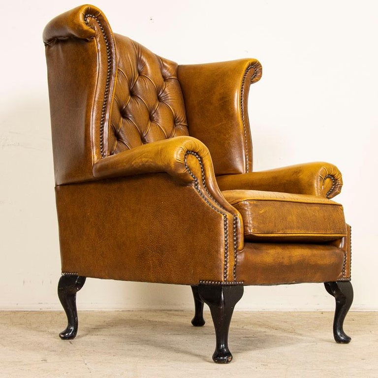 Vintage Carmel Brown Leather Chesterfield Wingback Arm Chair from England 7