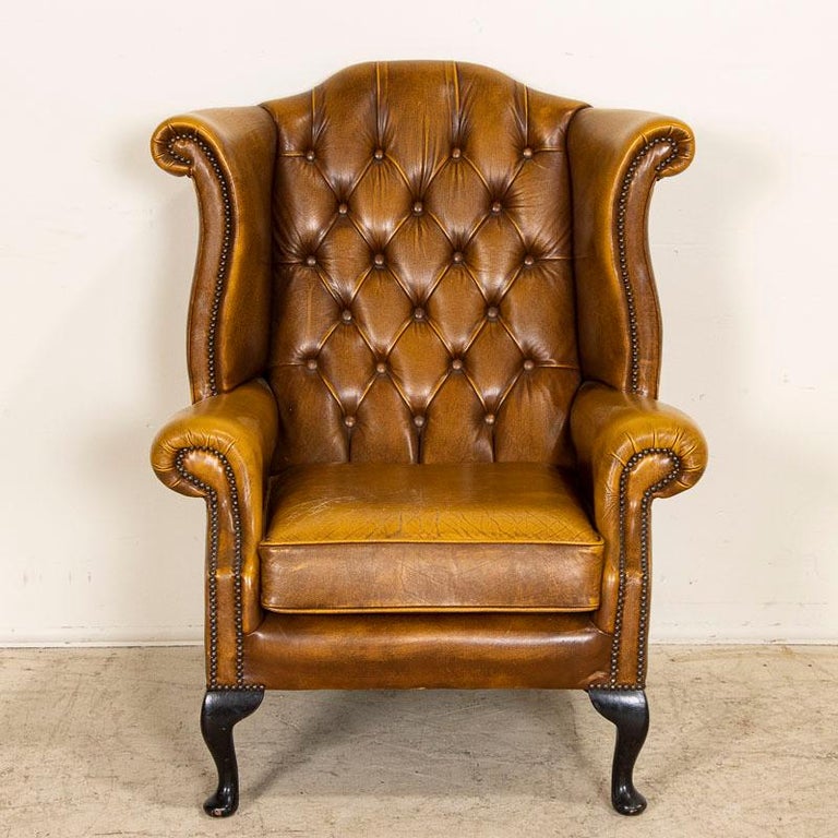English Vintage Carmel Brown Leather Chesterfield Wingback Arm Chair from England