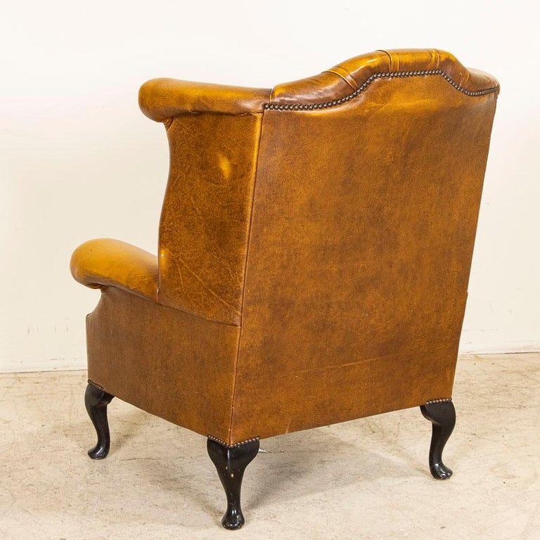 Vintage Carmel Brown Leather Chesterfield Wingback Arm Chair from England In Good Condition In Round Top, TX