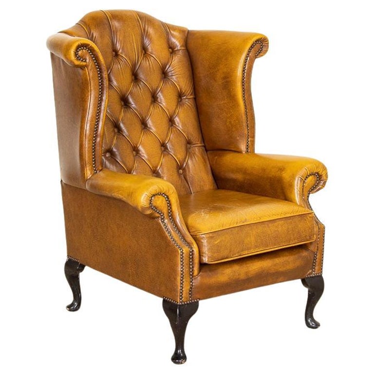 Vintage Carmel Brown Leather Chesterfield Wingback Arm Chair from England