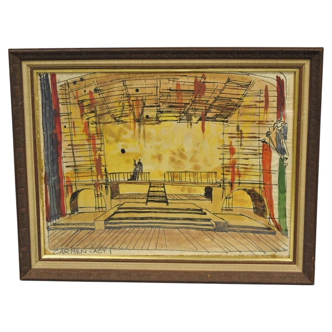 Vintage "Carmen Act I" New York City Opera Watercolor Framed Painting, Signed