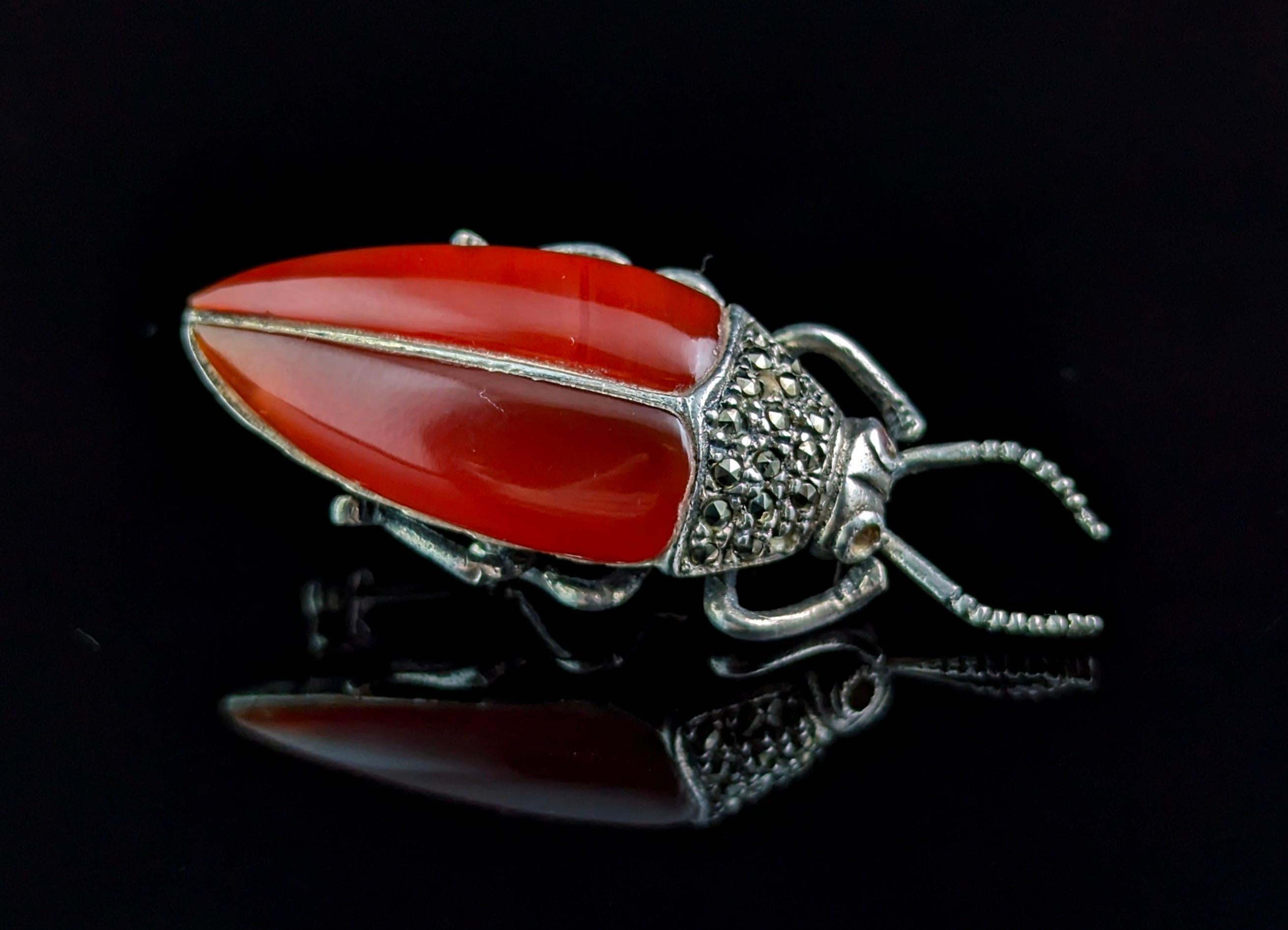 Vintage Carnelian and Marcasite beetle brooch, sterling silver  For Sale 2