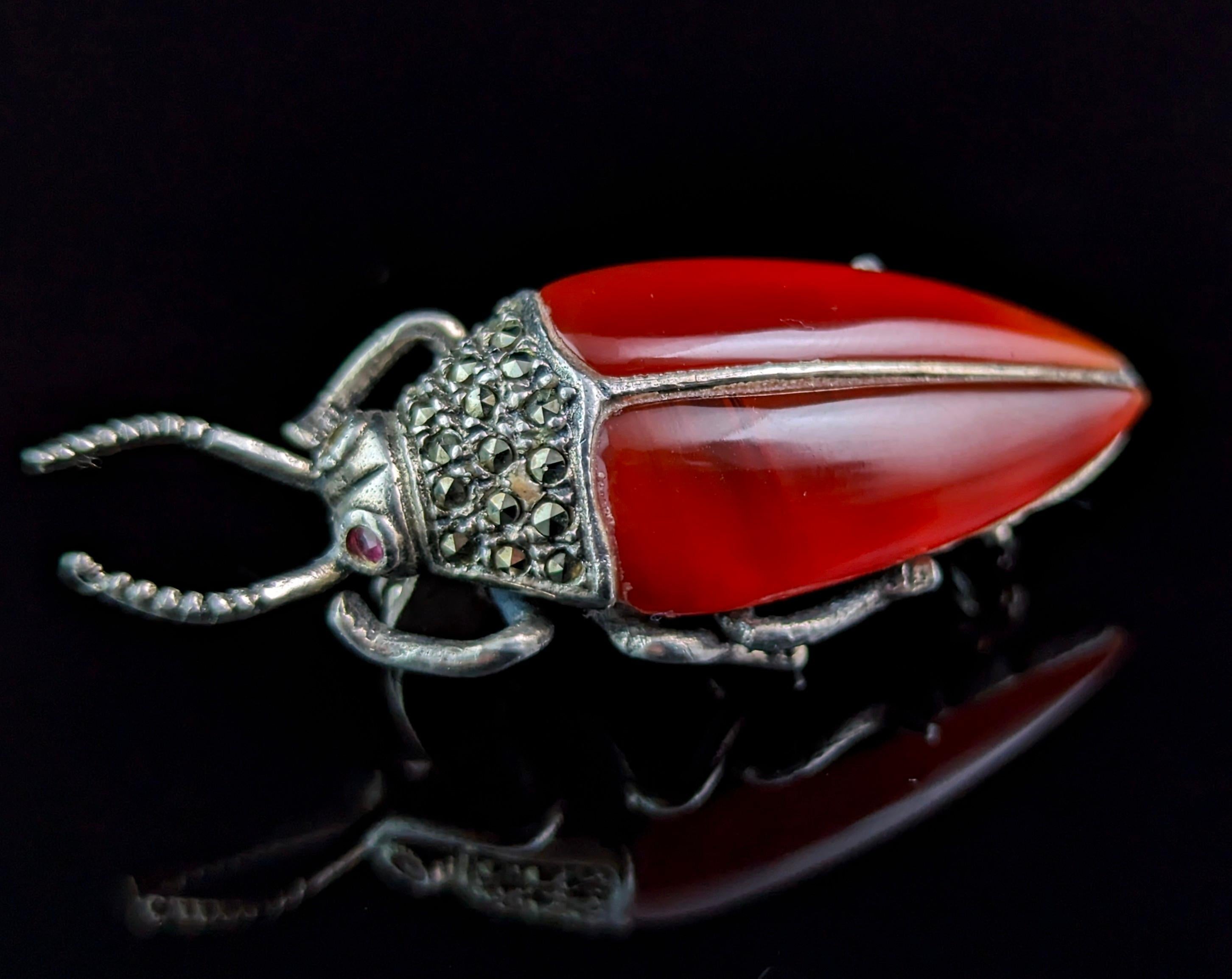 Vintage Carnelian and Marcasite beetle brooch, sterling silver  For Sale 3