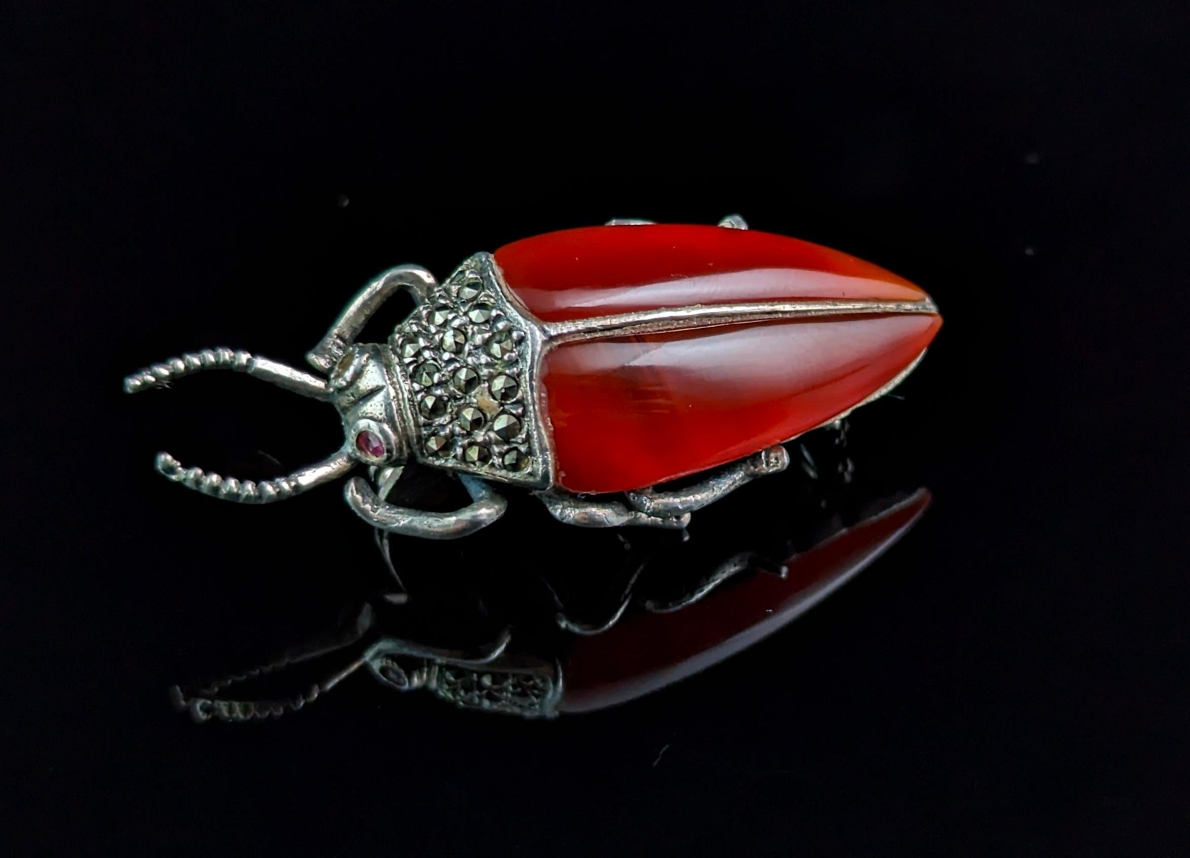 Vintage Carnelian and Marcasite beetle brooch, sterling silver  For Sale 4