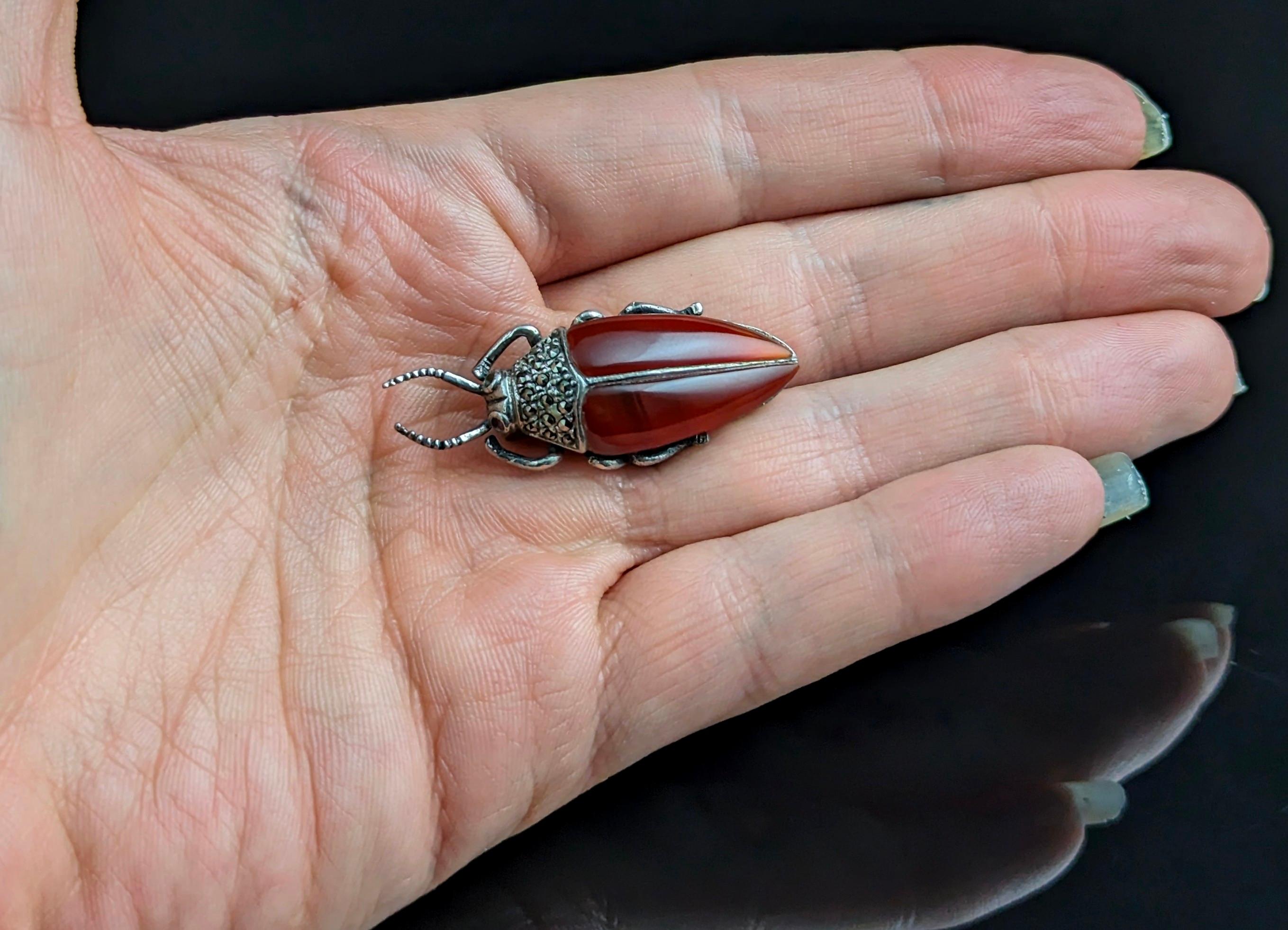 Art Deco Vintage Carnelian and Marcasite beetle brooch, sterling silver  For Sale