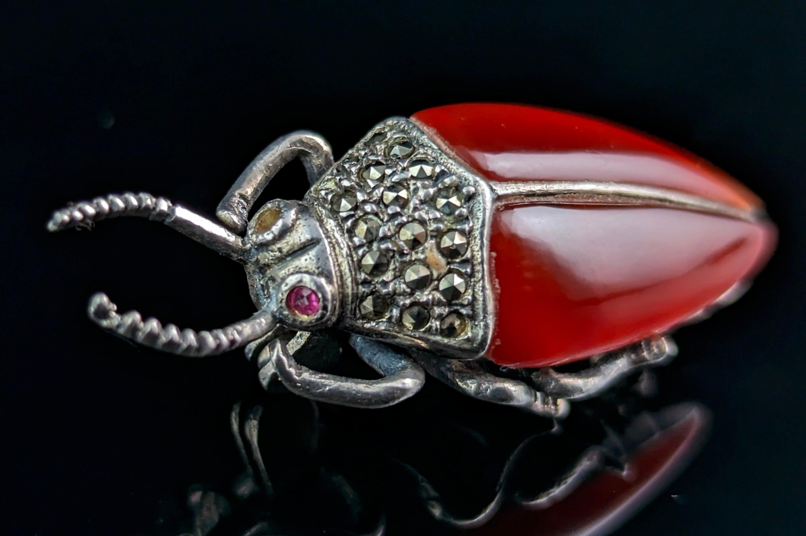 Cabochon Vintage Carnelian and Marcasite beetle brooch, sterling silver  For Sale