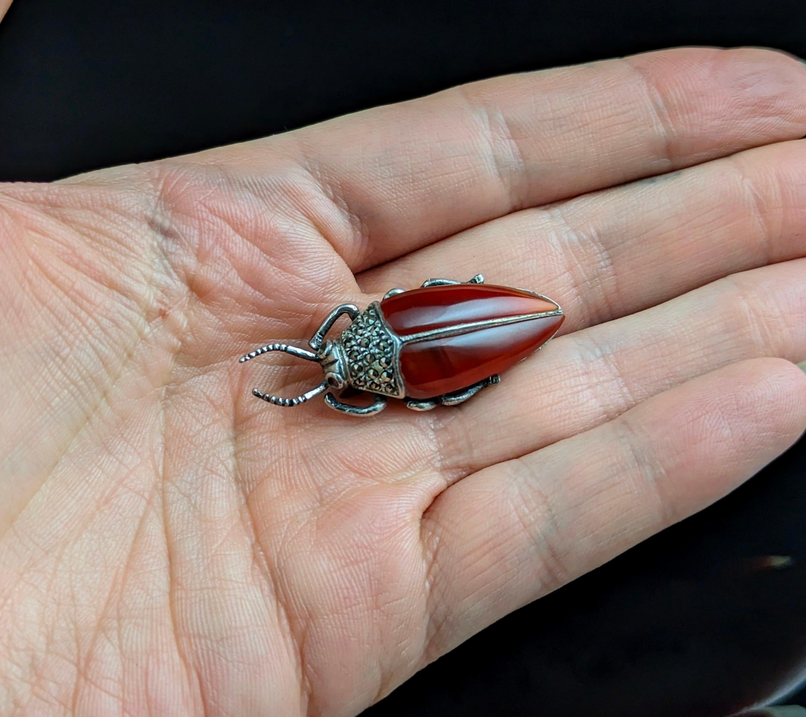 Women's or Men's Vintage Carnelian and Marcasite beetle brooch, sterling silver  For Sale