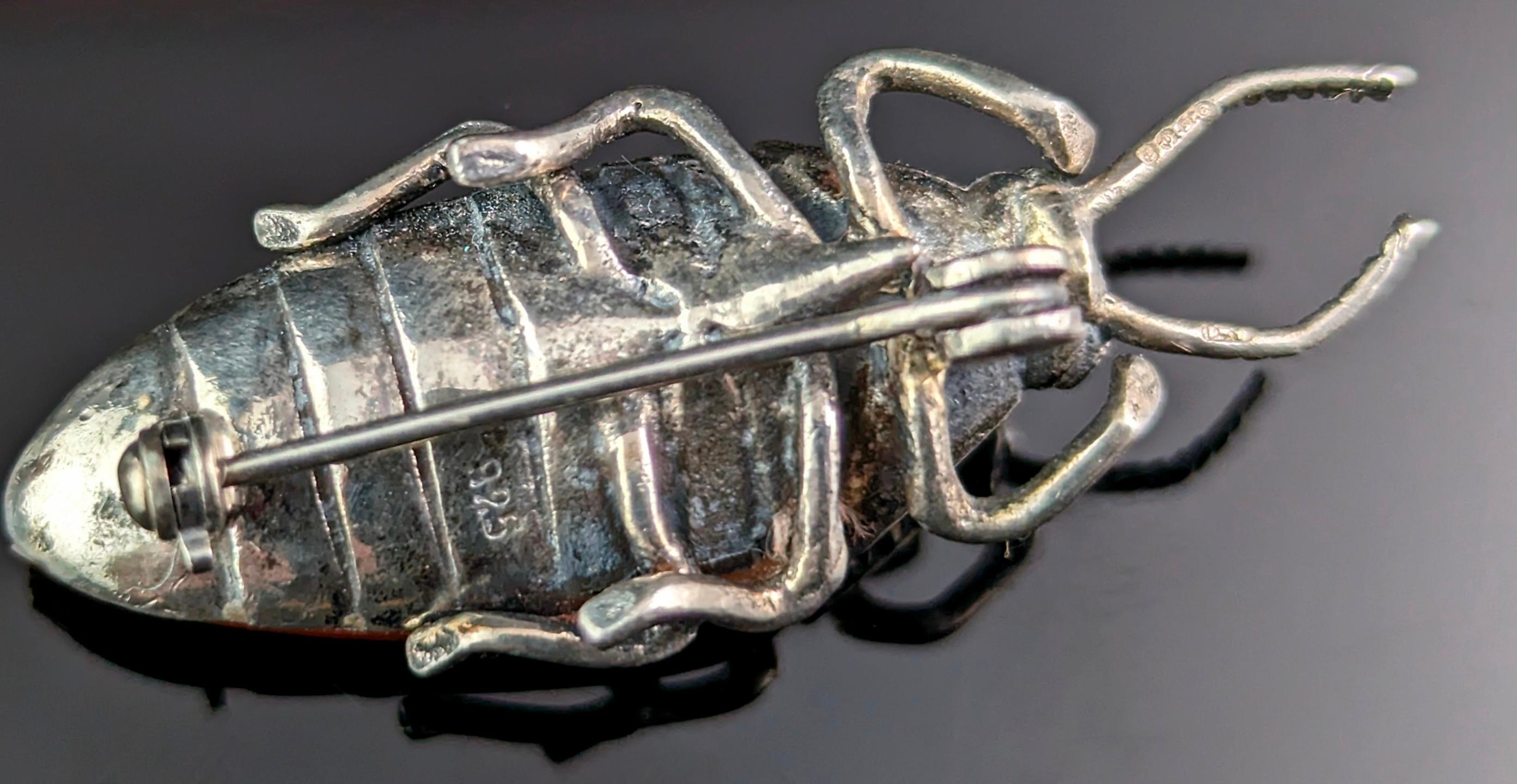 Vintage Carnelian and Marcasite beetle brooch, sterling silver 1