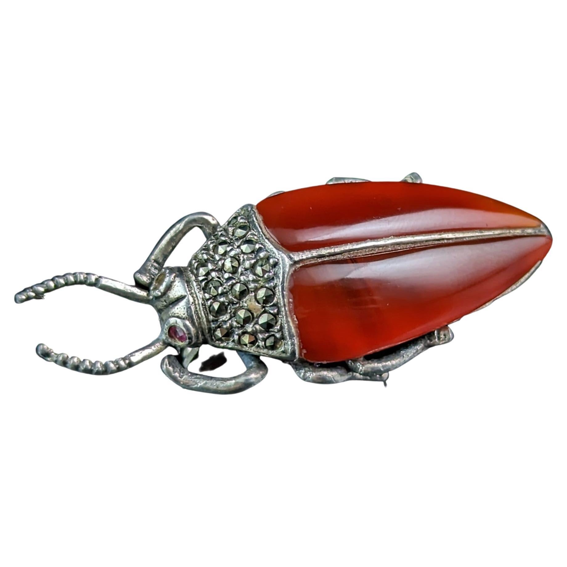 Vintage Carnelian and Marcasite beetle brooch, sterling silver  For Sale
