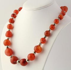 Vintage Carnelian Beaded Necklace, Sterling Silver Box Clasp Chunky