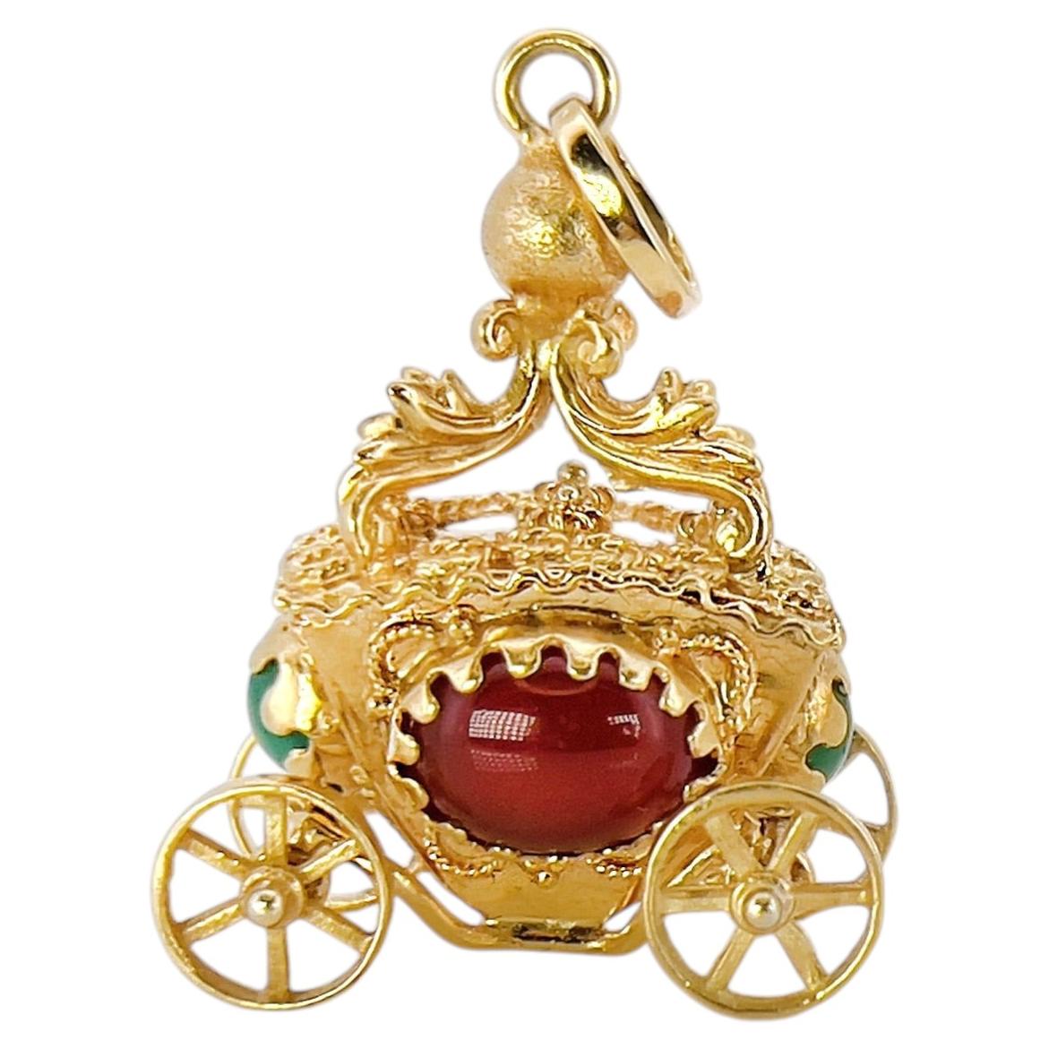 Vintage Carnelian Cinderella Carriage Pendant, 18K For Sale