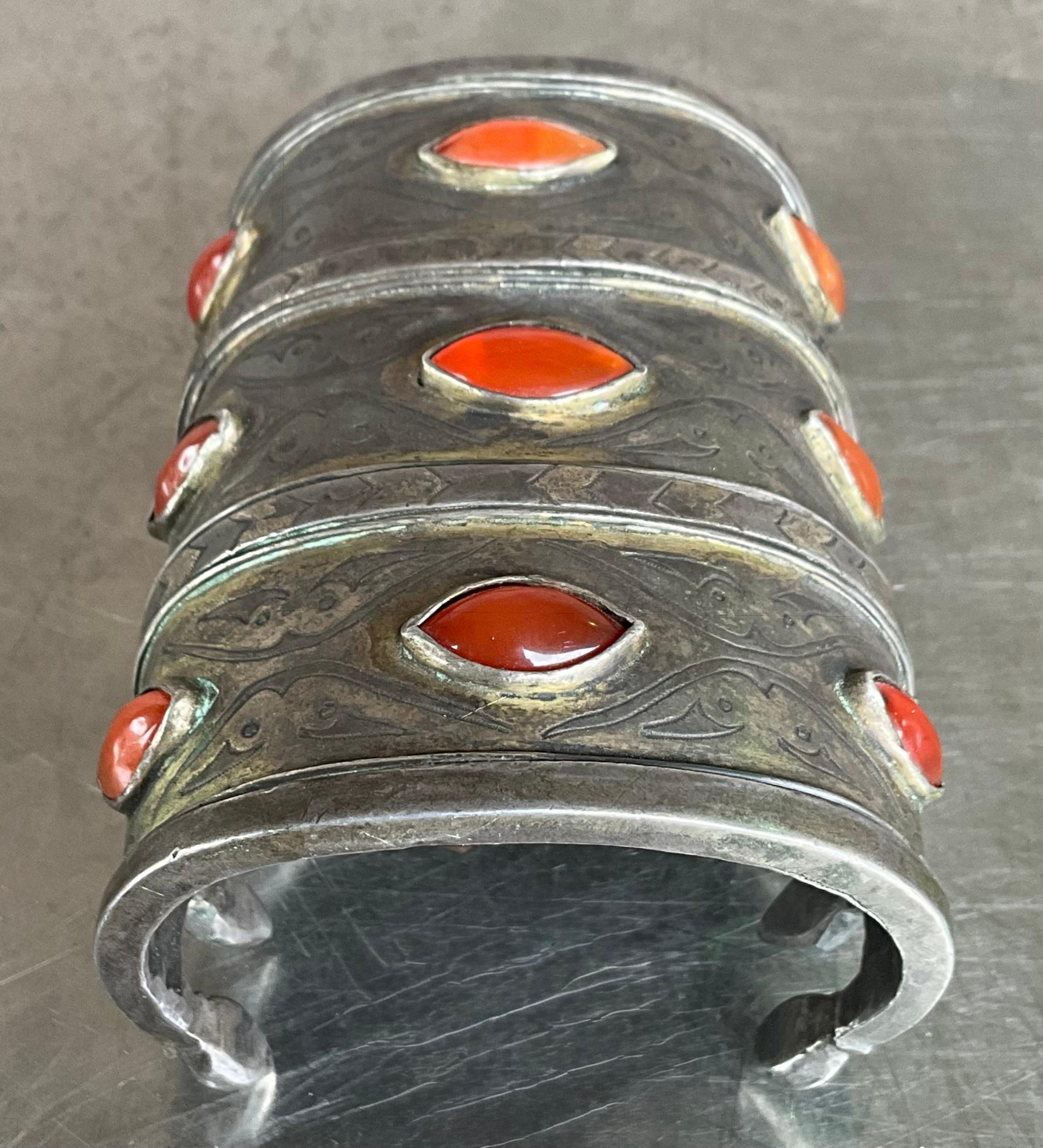 Vintage Carnelian Gilt Silver Turkoman Cuff For Sale 2
