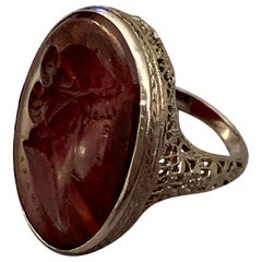 Vintage Carnelian Intaglio 14 Karat White Gold Filigree Ring