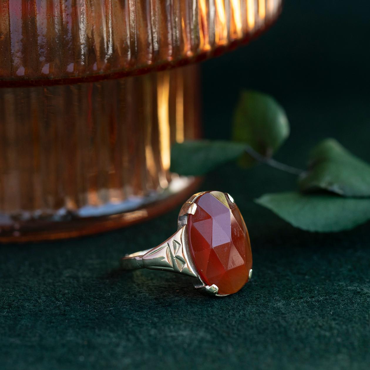 Women's or Men's Vintage Carnelian Rose-Cut Gemstone Ring, 12K Yellow Gold Size 6.5 For Sale