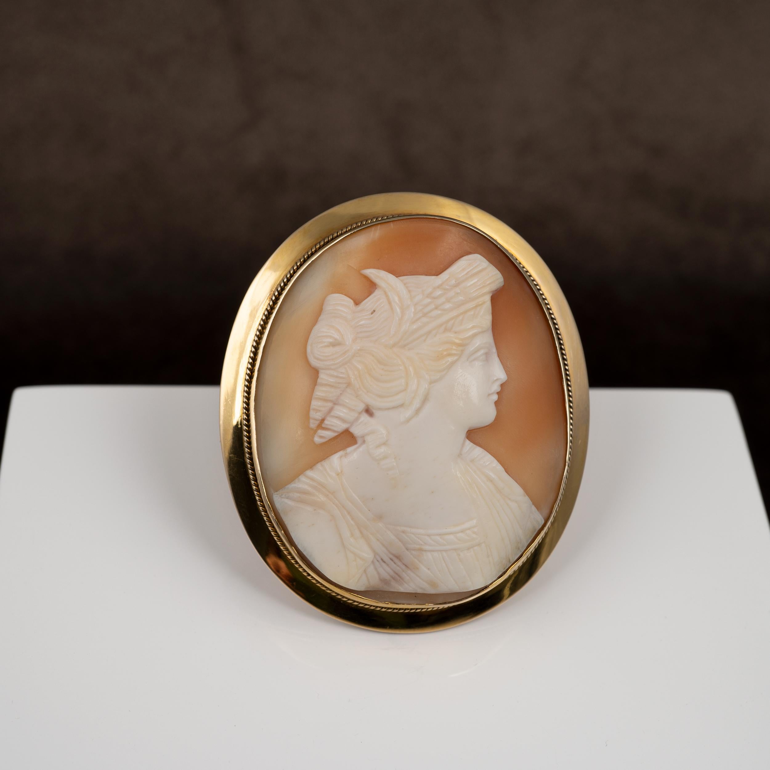 Gold-mounted Carnelian shell carved cameo brooch, depicting a Greek goddess wearing robe and feathers in hair. Circa 1960s
This timeless and classical cameo is offered in very good condition. The pin is firm and springy and slots neatly into a