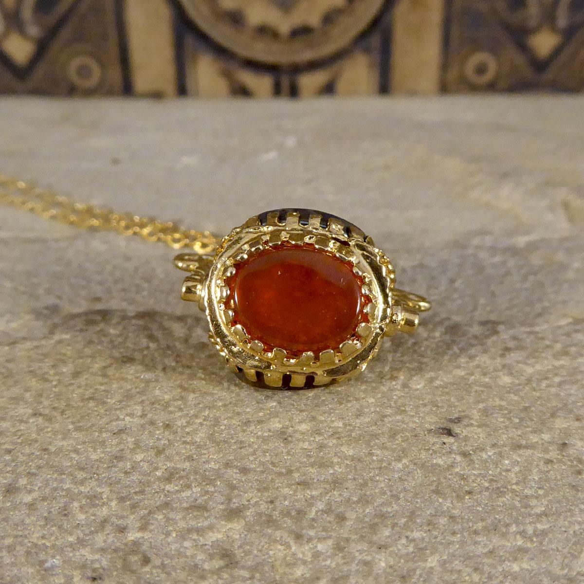 Oval Cut Vintage Carnelian, Tigers Eye and Carved Hematite Swivel Fob Necklace in Gold