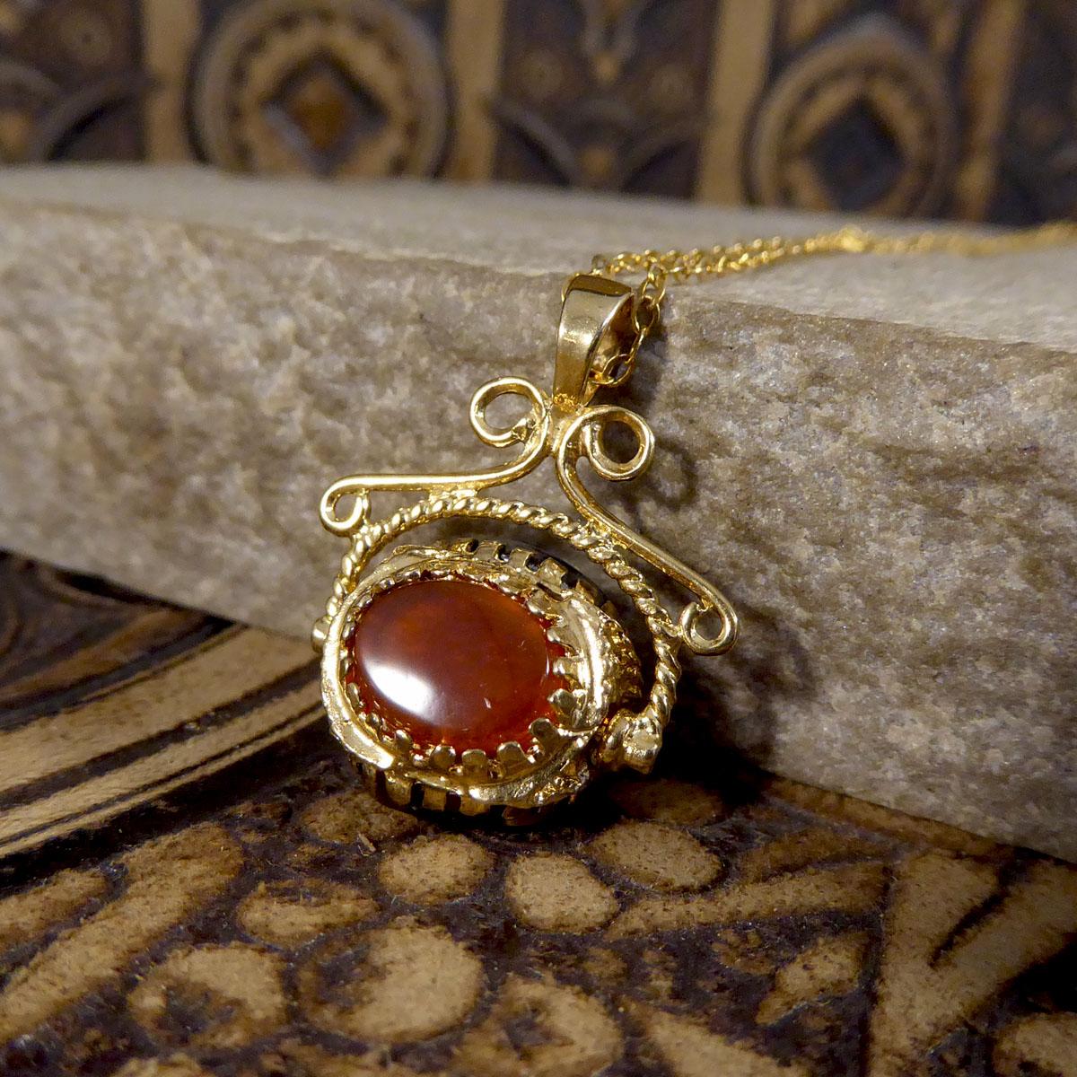 Vintage Carnelian, Tigers Eye and Carved Hematite Swivel Fob Necklace in Gold 1