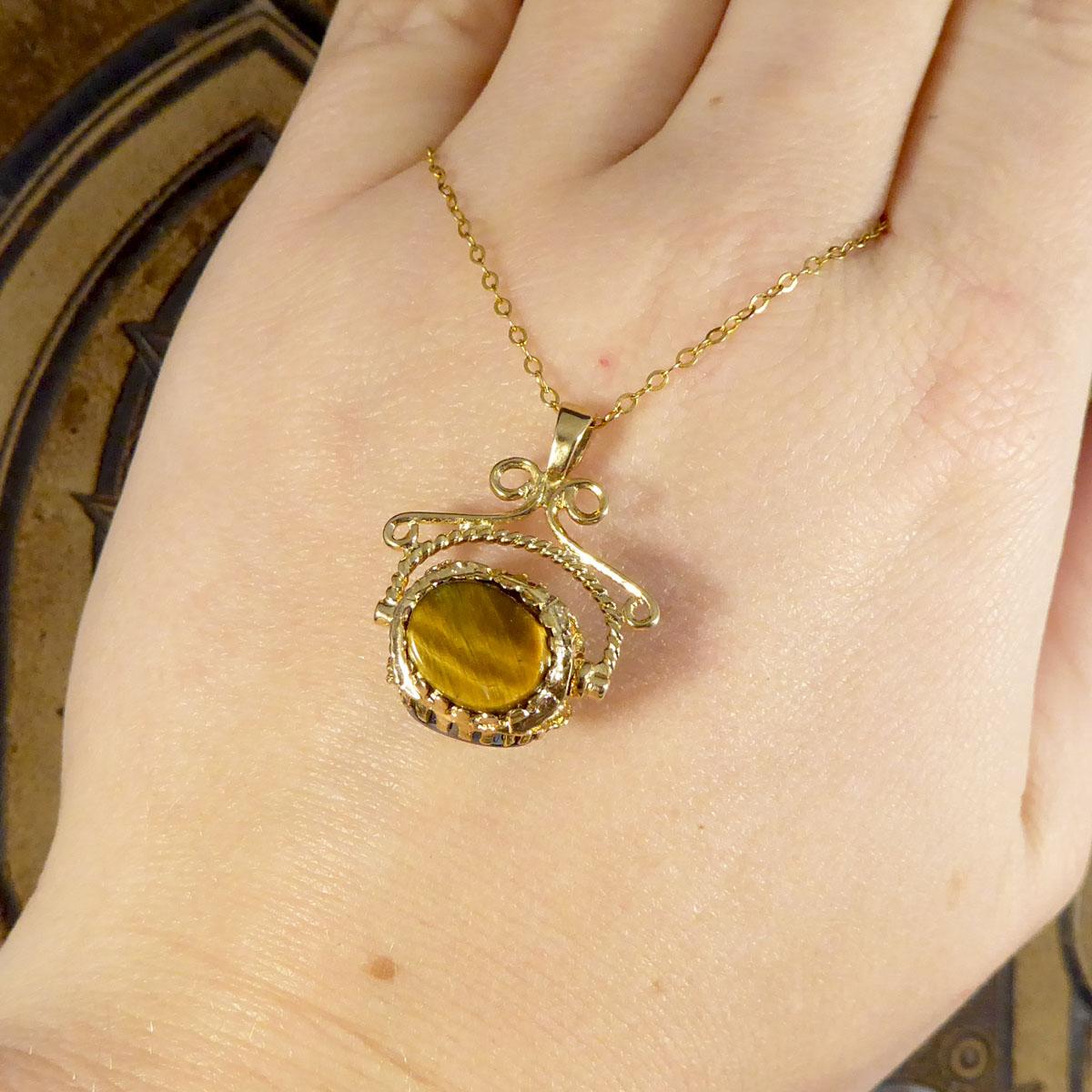 Vintage Carnelian, Tigers Eye and Carved Hematite Swivel Fob Necklace in Gold 3