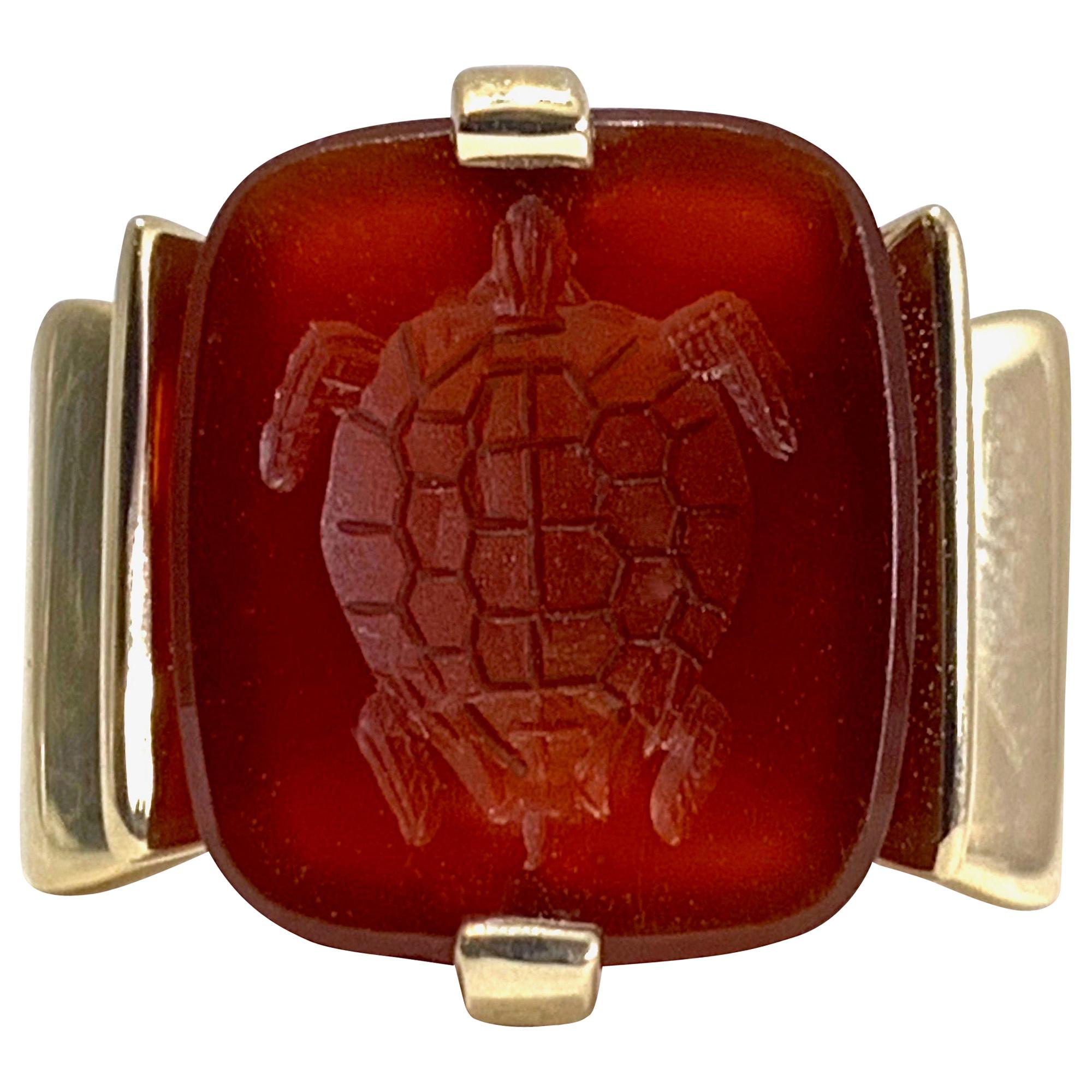 Vintage Carnelian Turtle Intaglio in New Yellow Gold "Wax Seal Fob" Ring