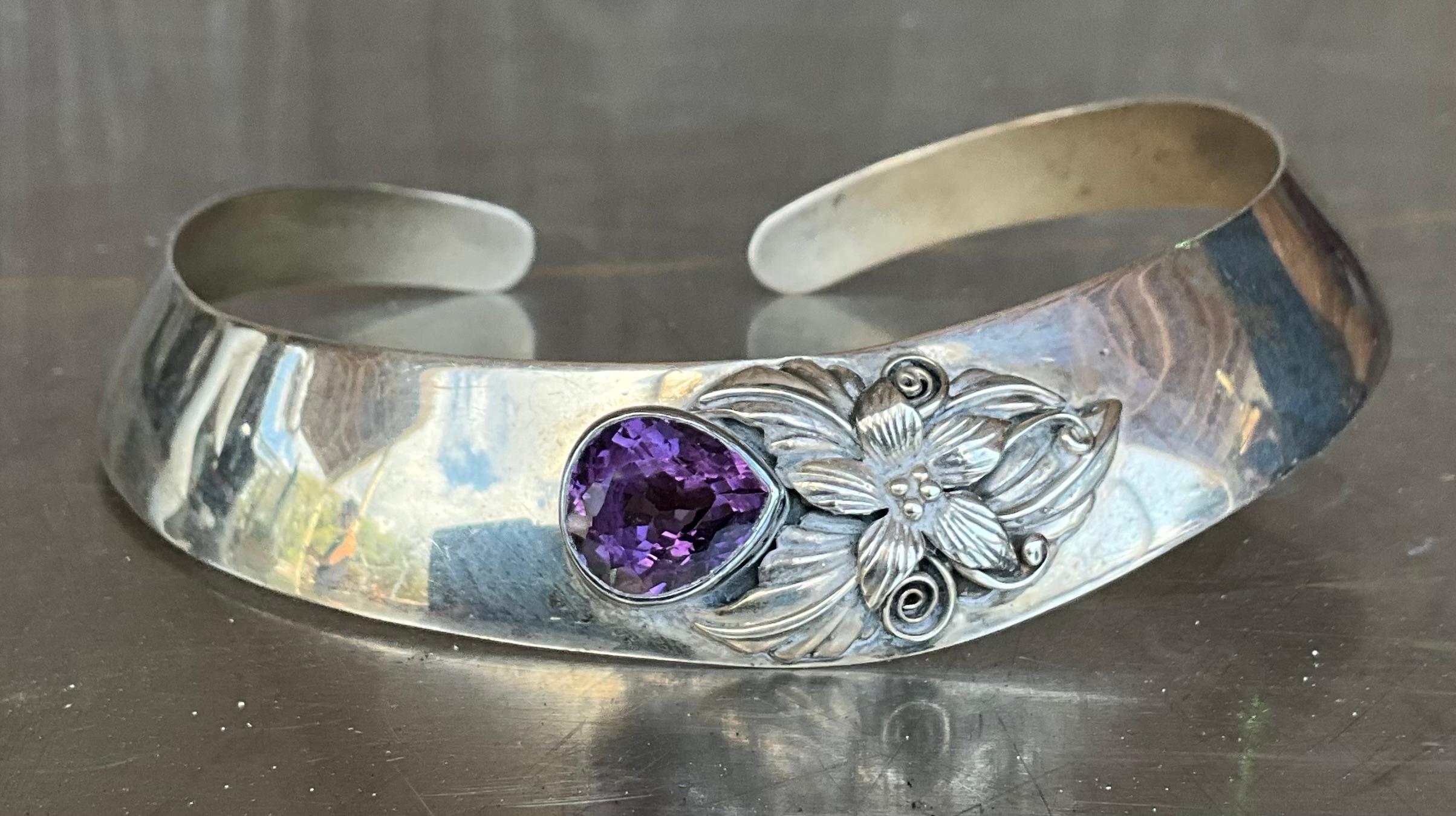 Vintage Carol Felley Sterling Silver & Amethyst Bib Choker Necklace For Sale 4