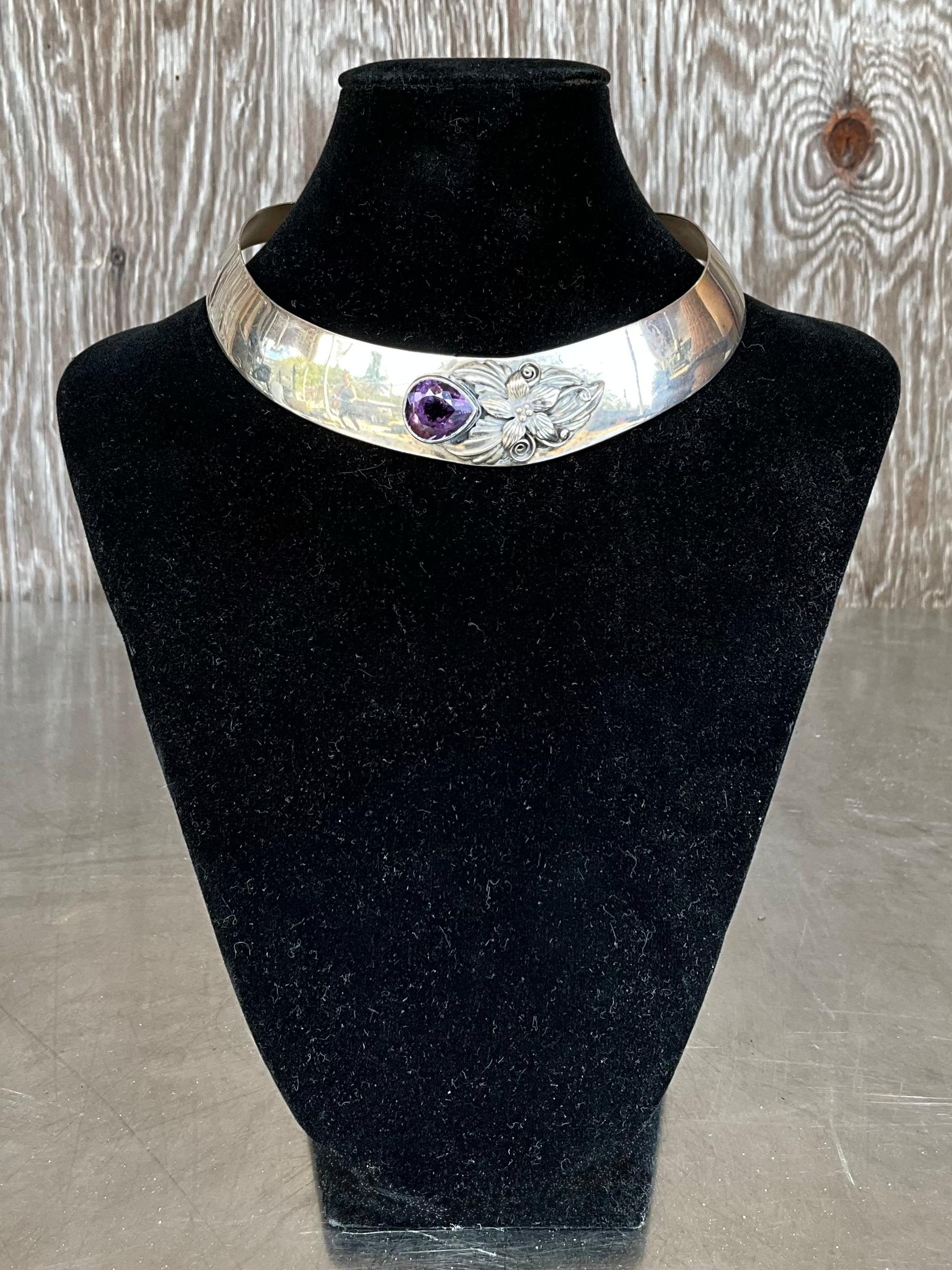 Native American Vintage Carol Felley Sterling Silver & Amethyst Bib Choker Necklace For Sale