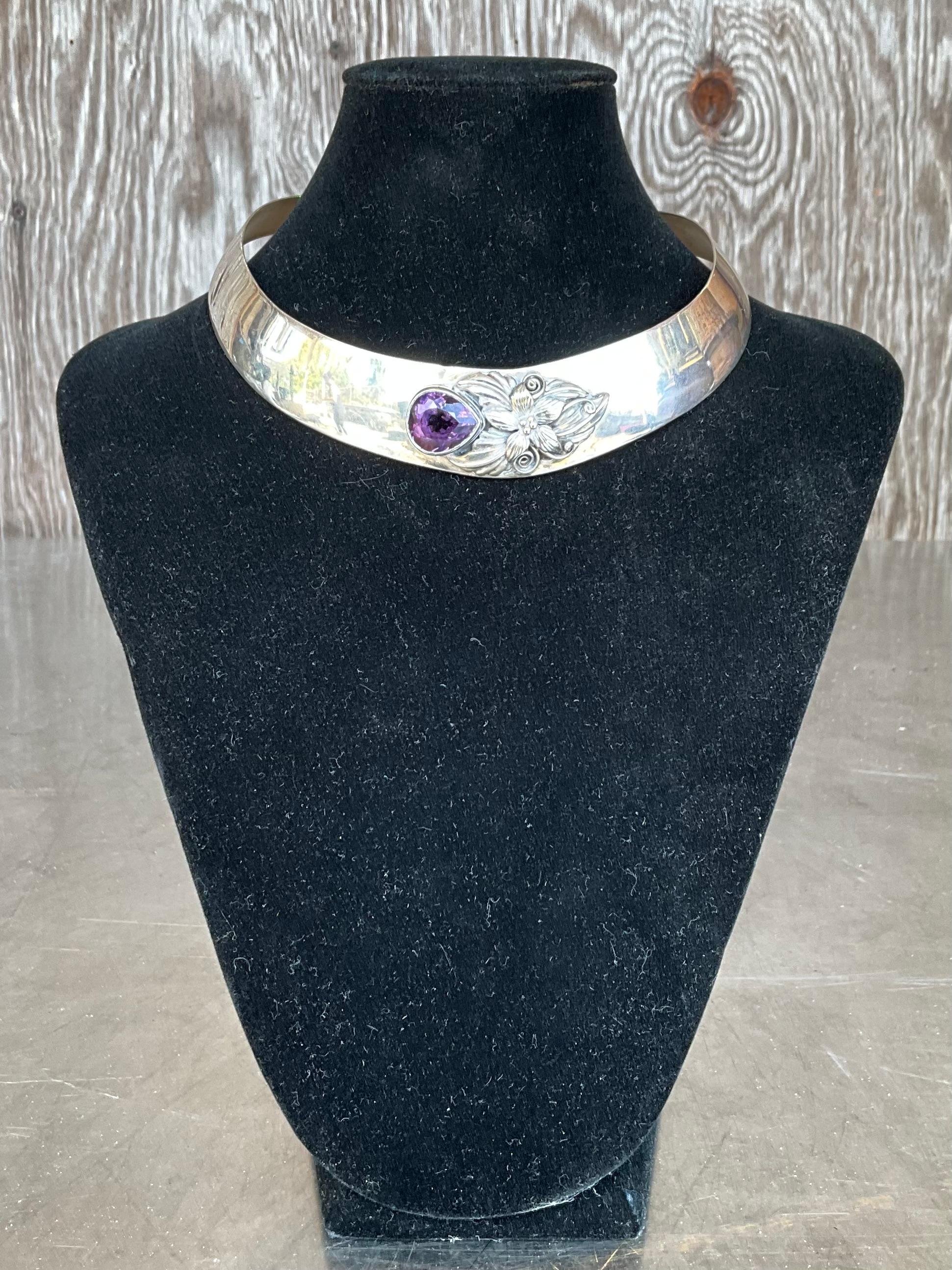 Cabochon Vintage Carol Felley Sterling Silver & Amethyst Bib Choker Necklace For Sale