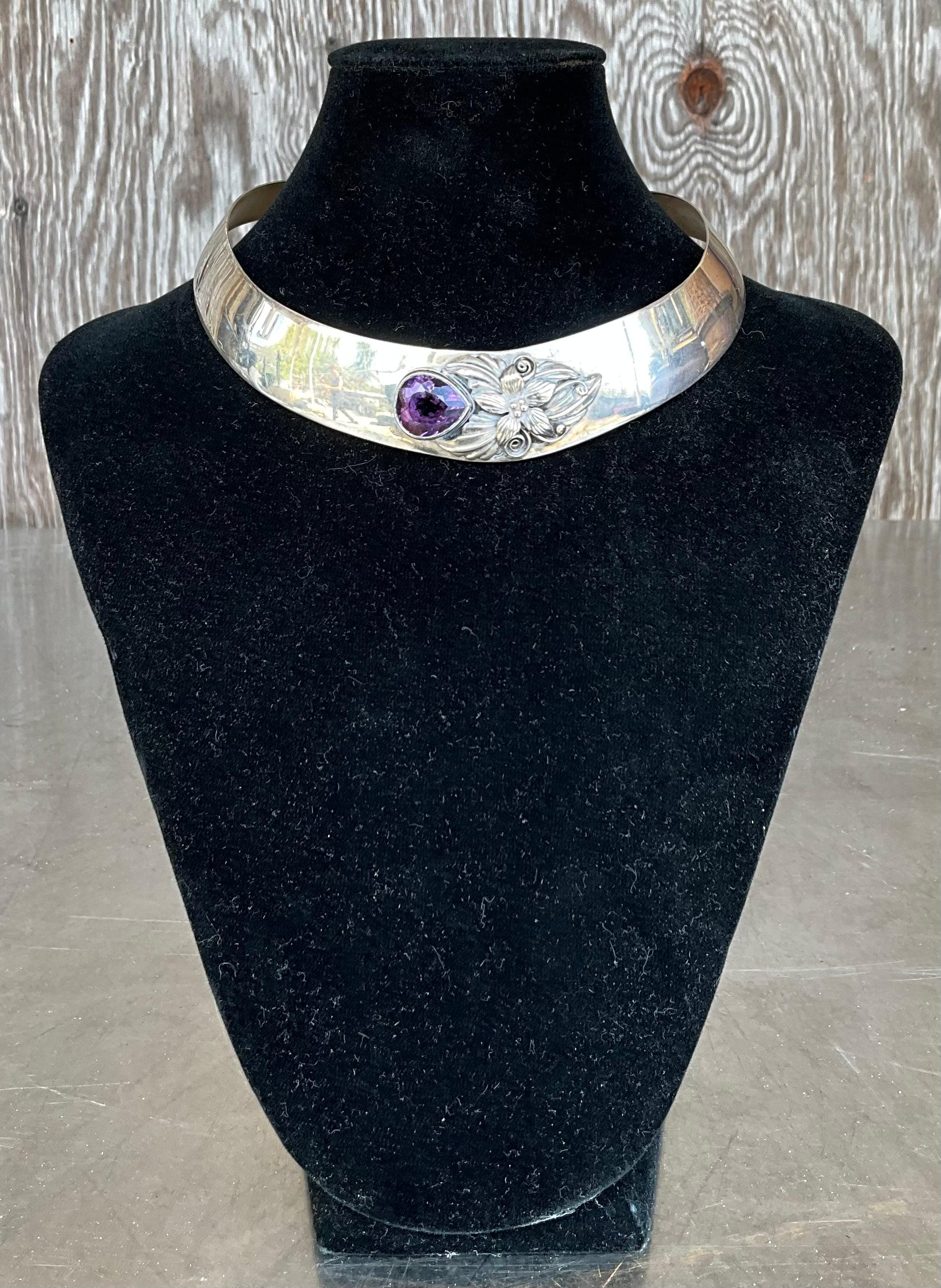 Vintage Carol Felley Sterling Silver & Amethyst Bib Choker Necklace In Good Condition For Sale In Lake Worth Beach, FL