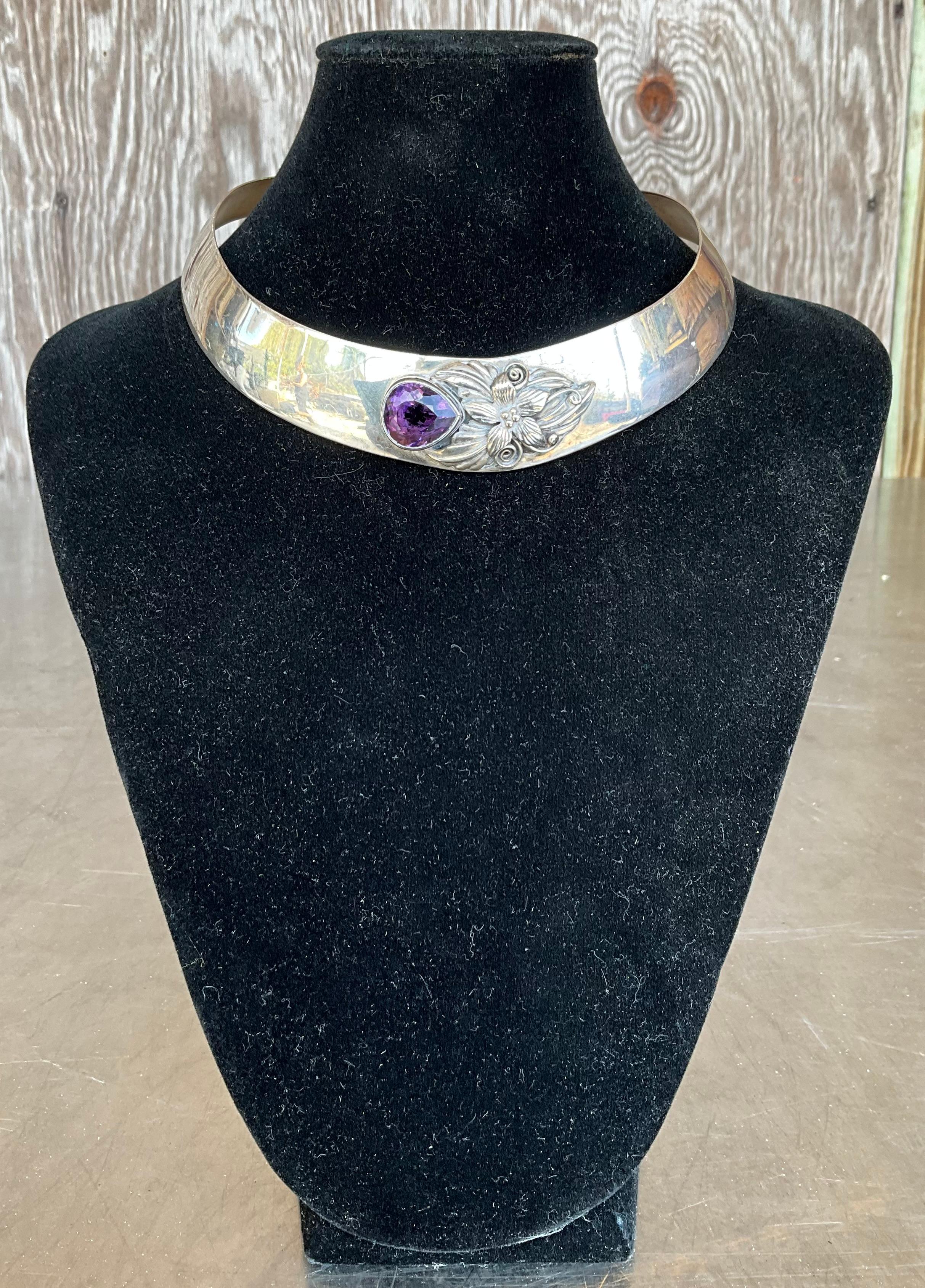 Women's or Men's Vintage Carol Felley Sterling Silver & Amethyst Bib Choker Necklace For Sale