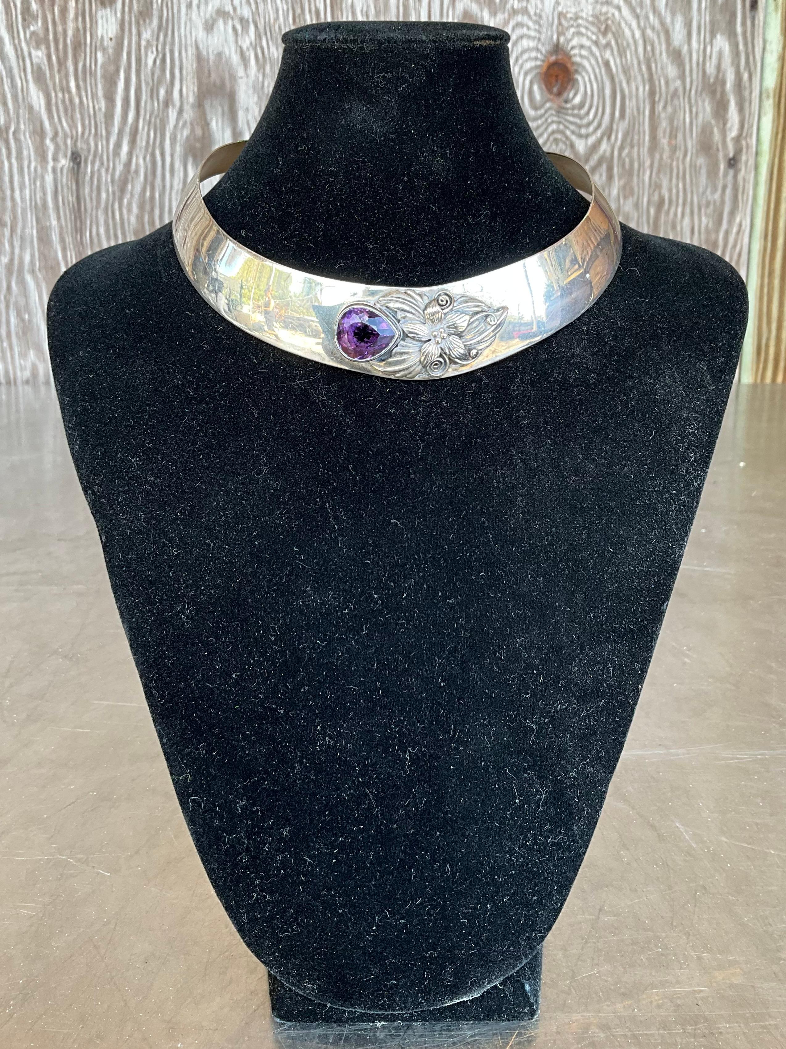 Vintage Carol Felley Sterling Silver & Amethyst Bib Choker Necklace For Sale 1