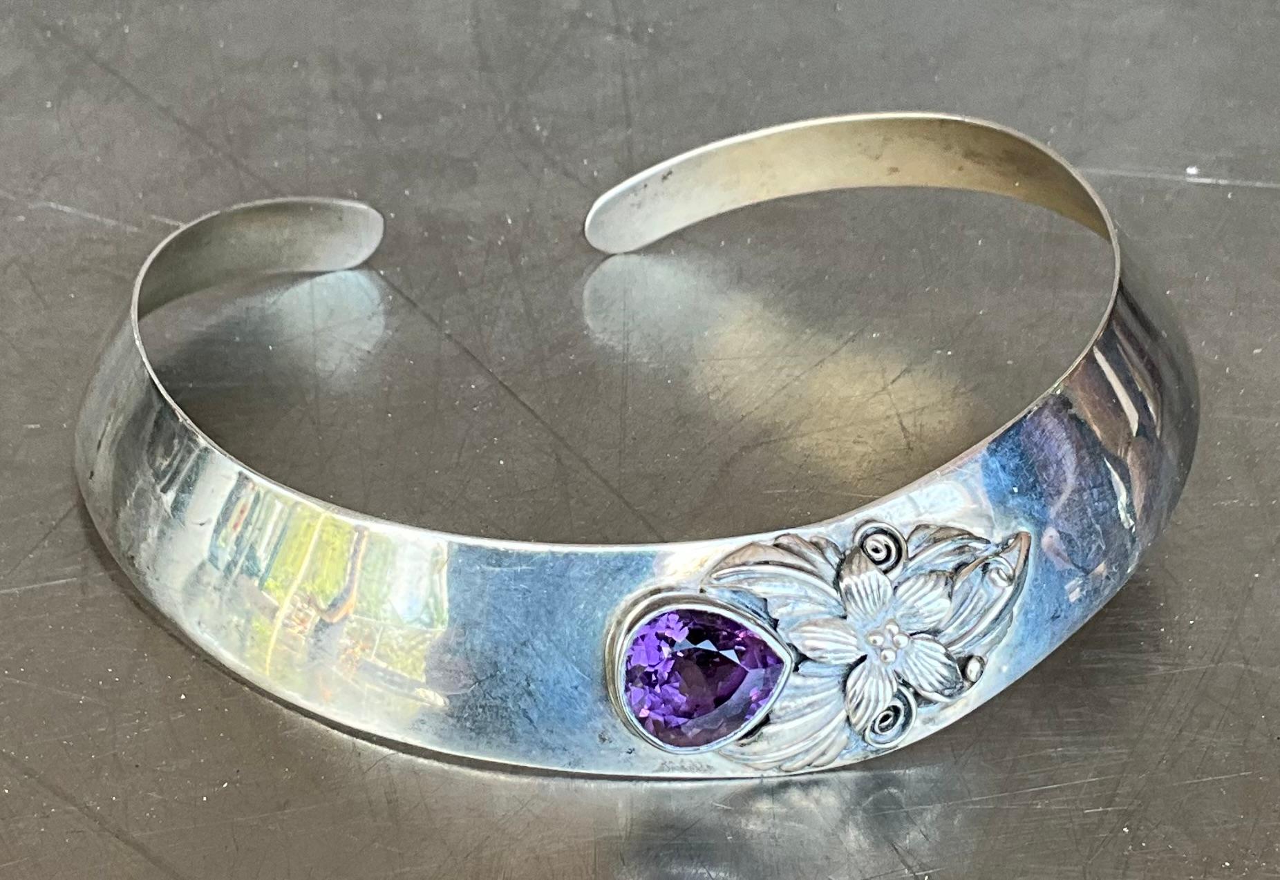 Vintage Carol Felley Sterling Silver & Amethyst Bib Choker Necklace For Sale 2