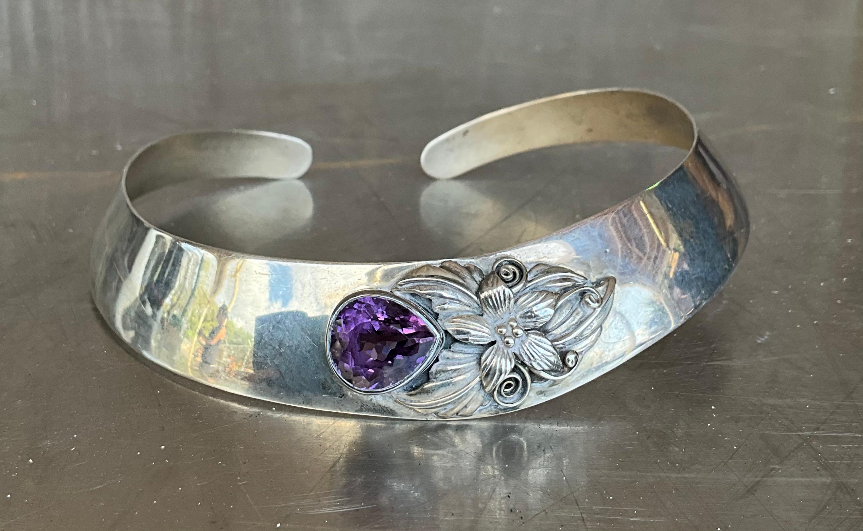 Vintage Carol Felley Sterling Silver & Amethyst Bib Choker Necklace For Sale 3