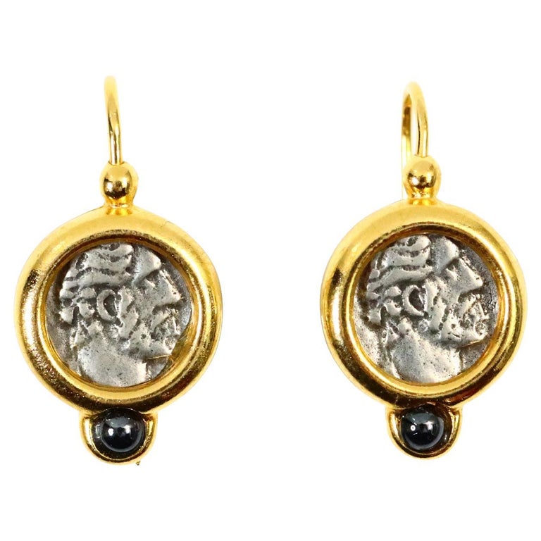 Vintage Carolee Coin Drops in Silver and Gold with Black Stone For Sale