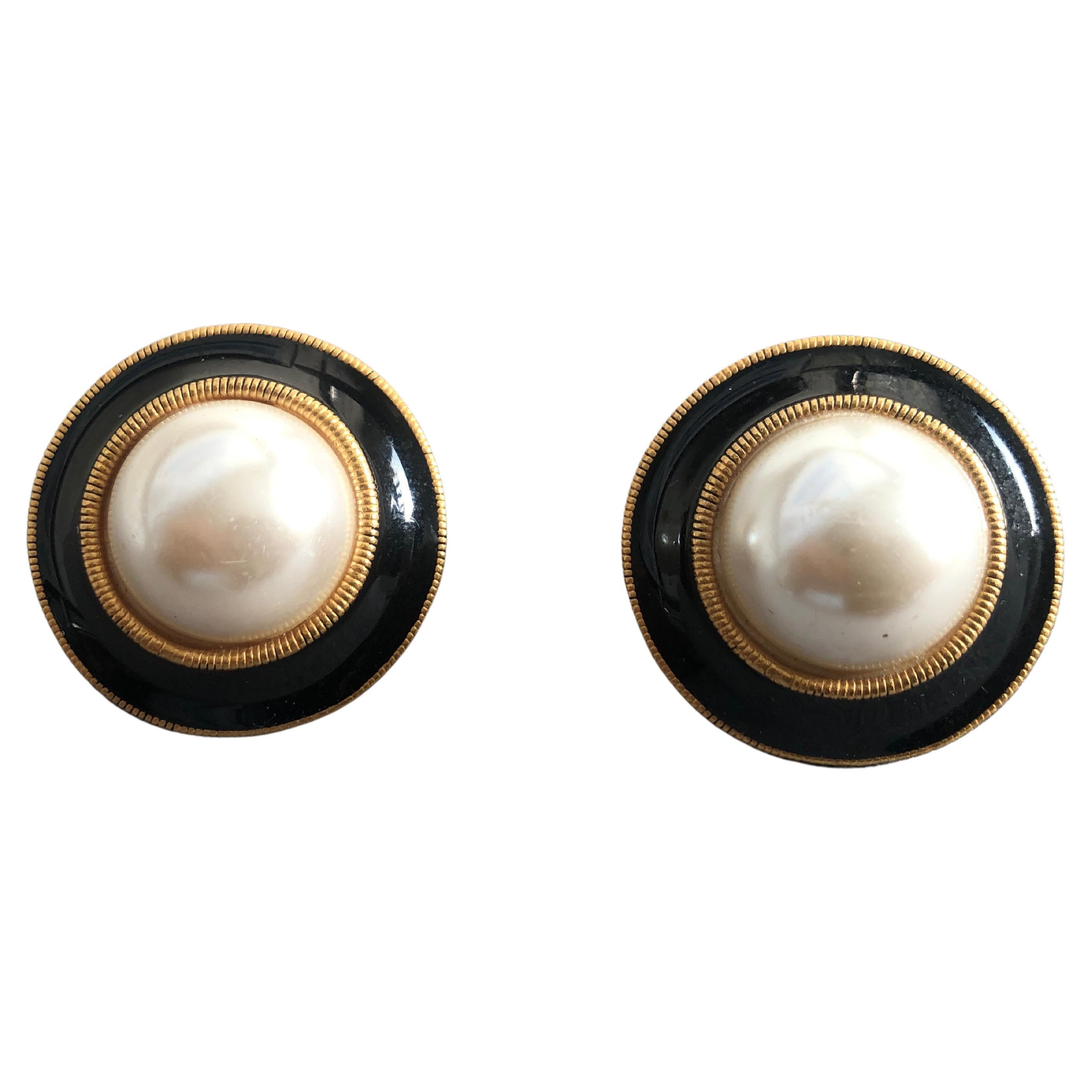 Vintage Carolee French Designer Style Faux Pearl, Black Enamel Clip-On Earrings  For Sale