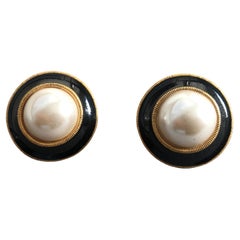 Vintage Carolee French Designer Style Faux Pearl, Black Enamel Clip-On Earrings 