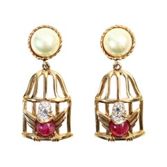 Vintage Carolee Gold and Faux Pearl Dangling Birdcage Earrings Circa 1980s