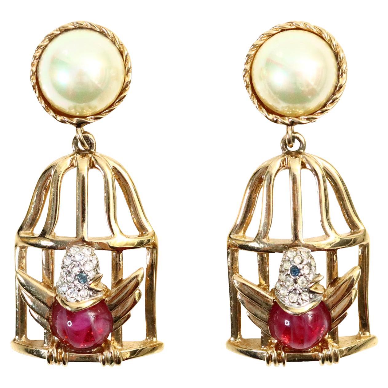 Vintage Carolee Gold and Faux Pearl Dangling Birdcage Earrings, Circa 1980s