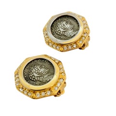 Vintage CAROLEE gold silver coin rhinestone designer runway clip on earrings