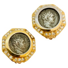 Vintage CAROLEE gold silver coin rhinestone designer runway clip on earrings