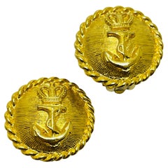 Vintage CAROLEE signed gold tone nautical anchor designer clip on earrings