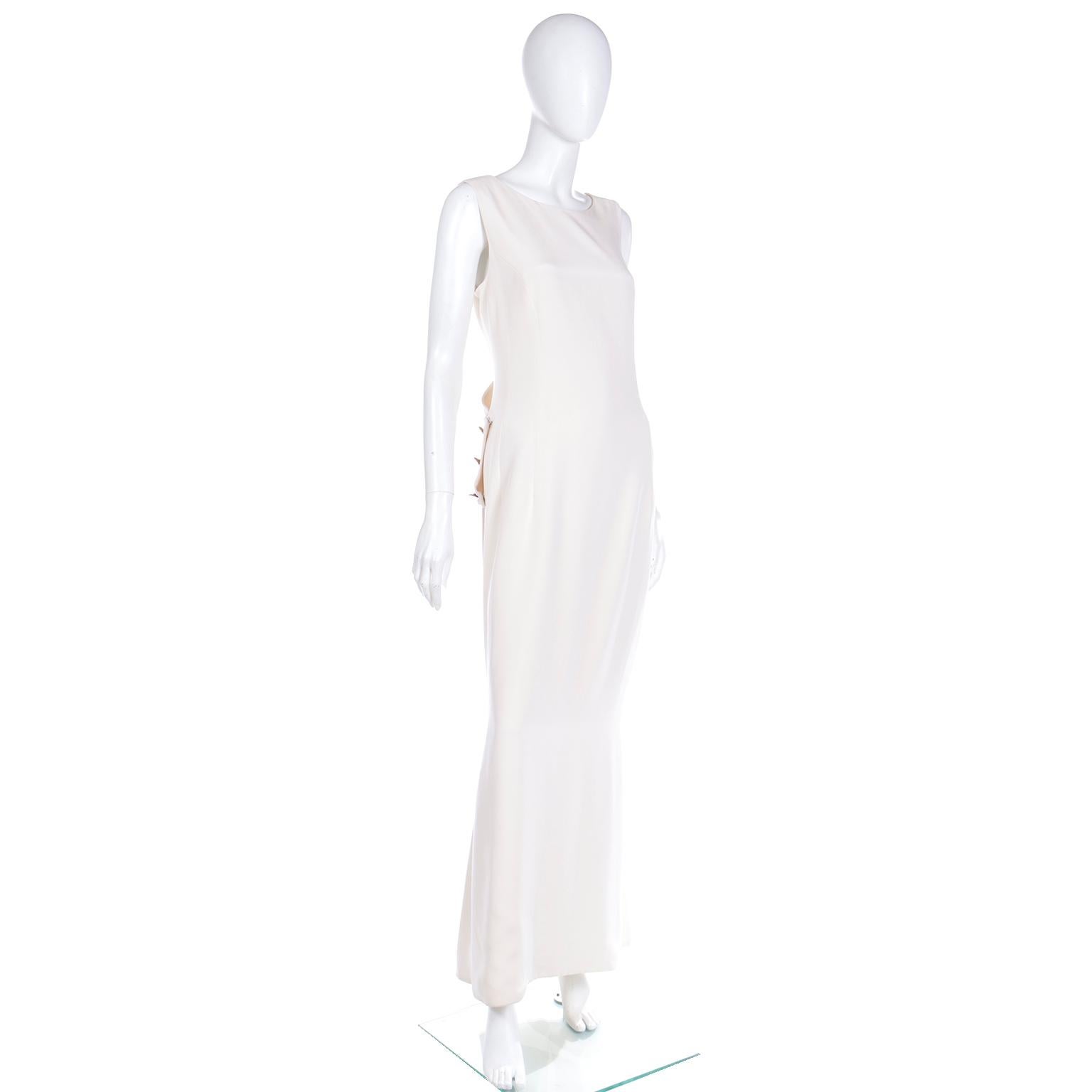 Vintage Carolina Herrera Full Length Ivory Evening Dress w Crystal Buttons In Excellent Condition In Portland, OR