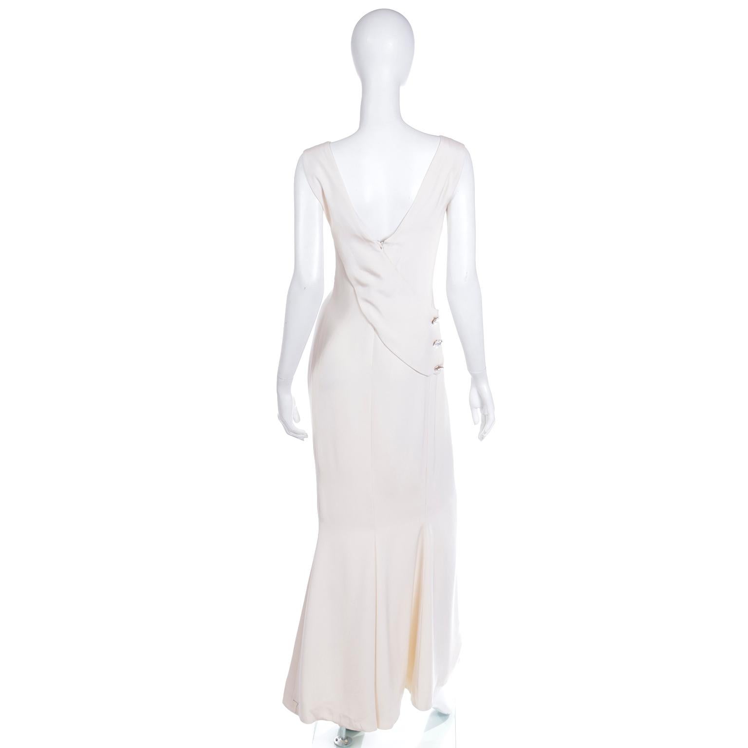 Women's Vintage Carolina Herrera Full Length Ivory Evening Dress w Crystal Buttons