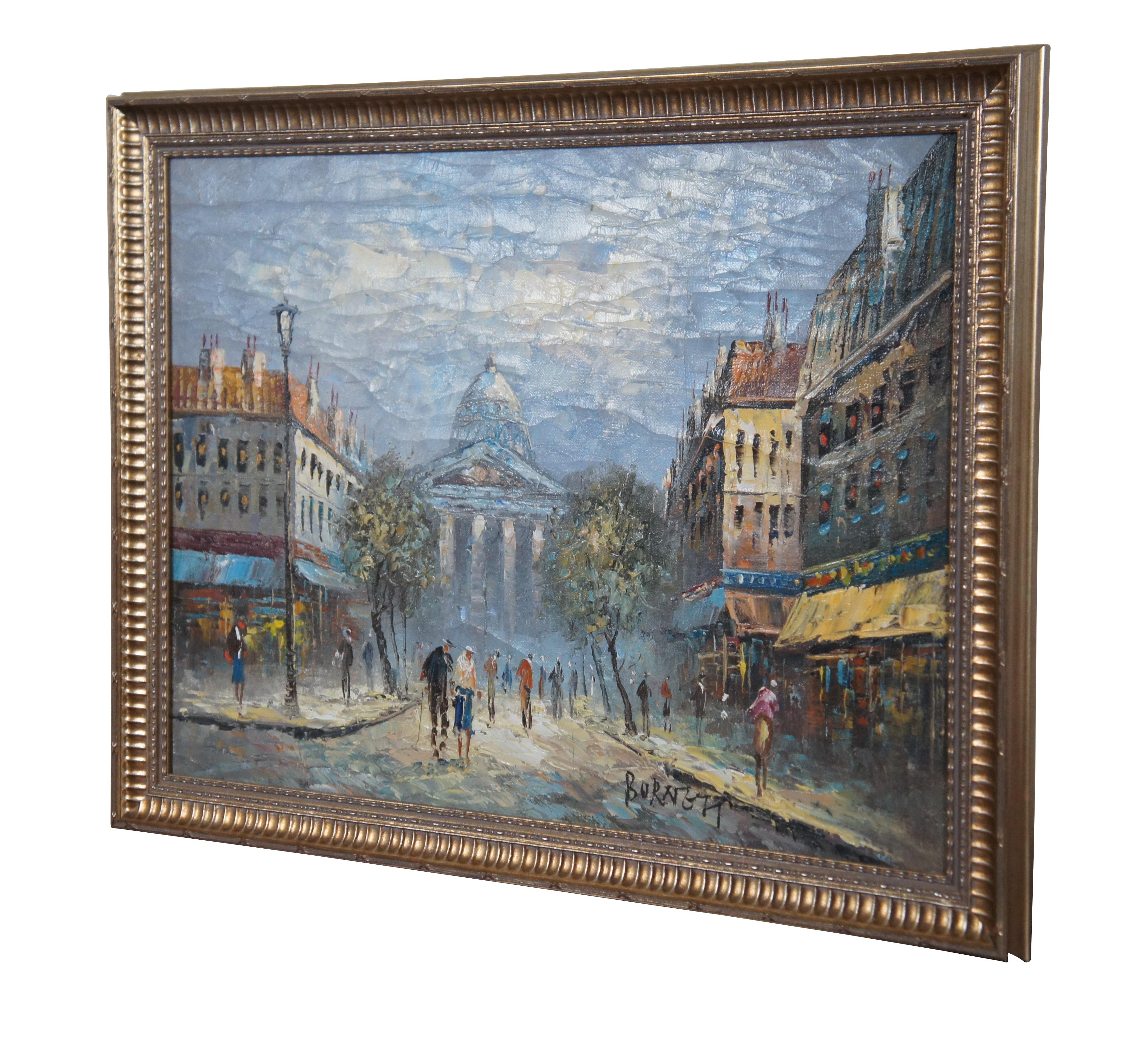 Vintage Parisian Cityscape.  Features a crowded street leading up to a capital building.  Beautifully detailed with vibrant colors.  Signed Lower right with gold frame.

Caroline C. Burnett (1877 - 1950) was active/lived in France, United States.