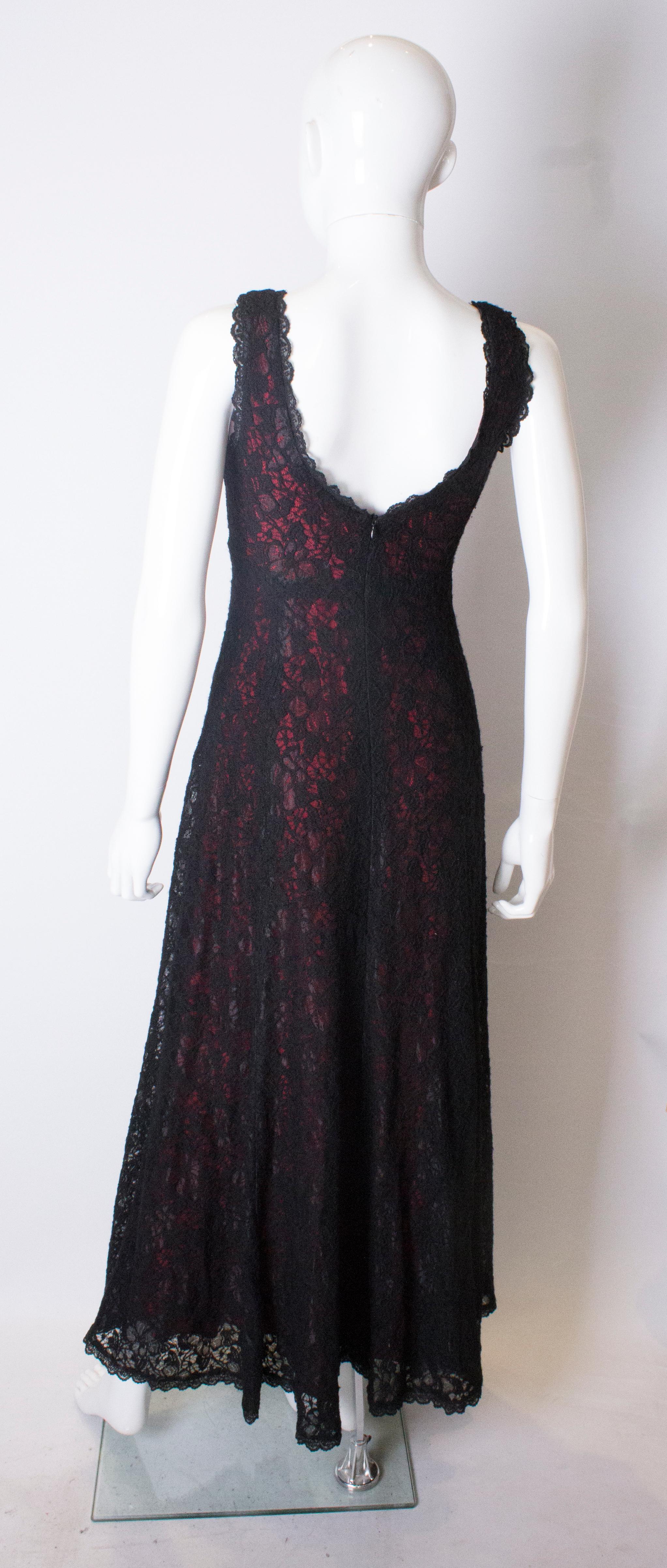 Vintage Caroline Charles Black Lace Gown with Red Lining In Good Condition In London, GB