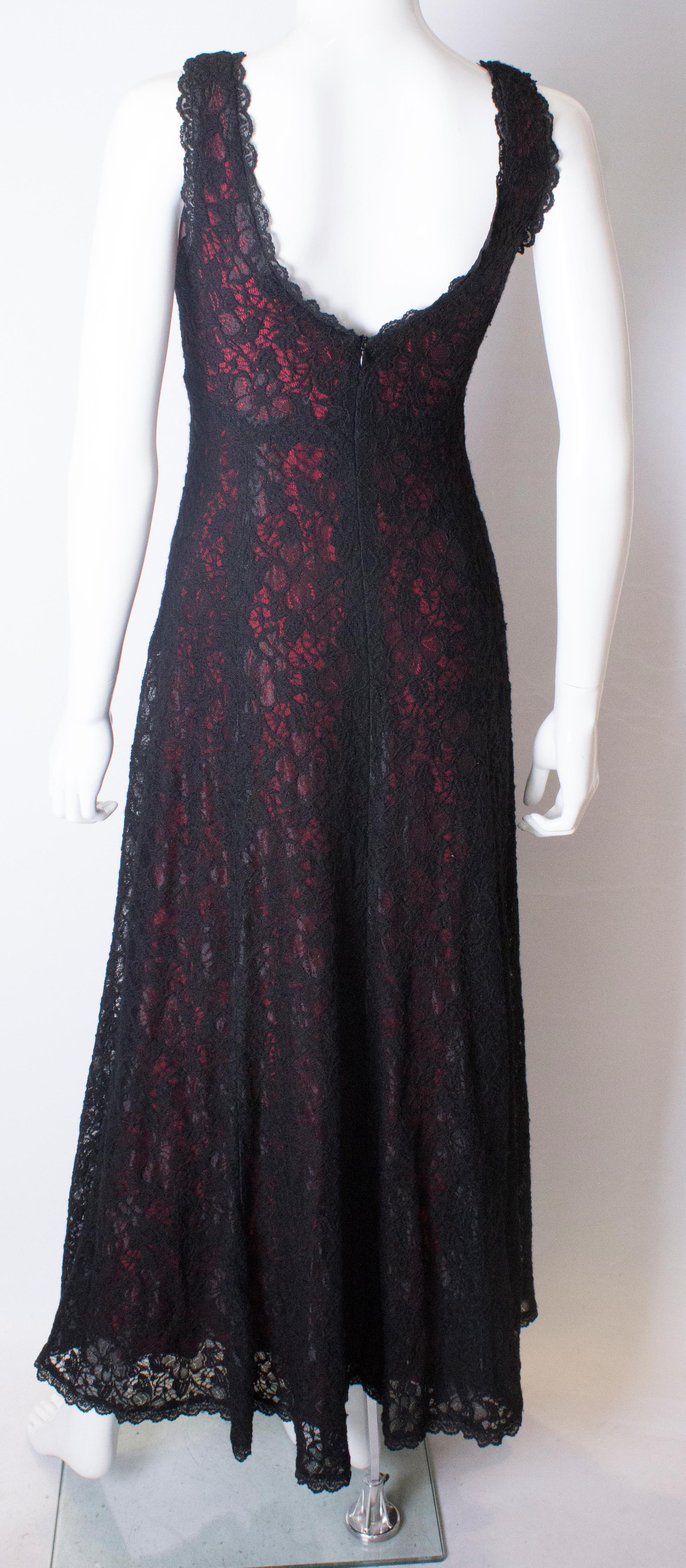 Vintage Caroline Charles Black Lace Gown with Red Lining