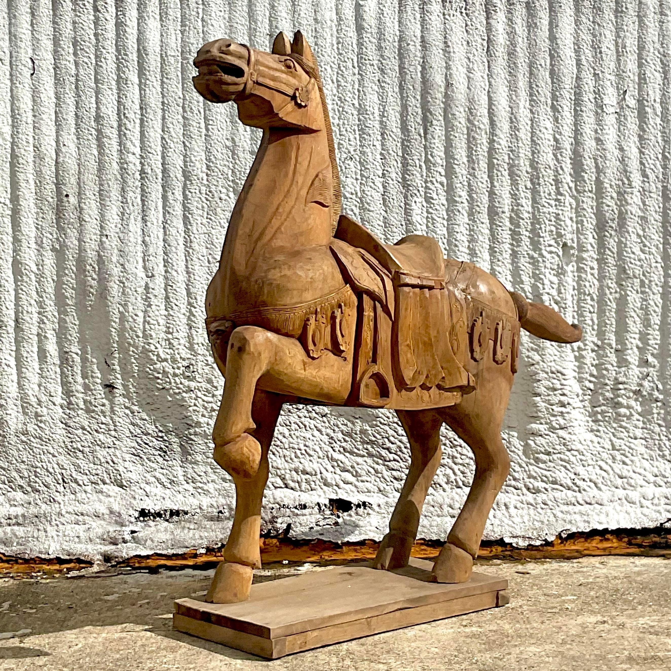 Vintage Carousel Boho Carved Wooden Horse For Sale 5