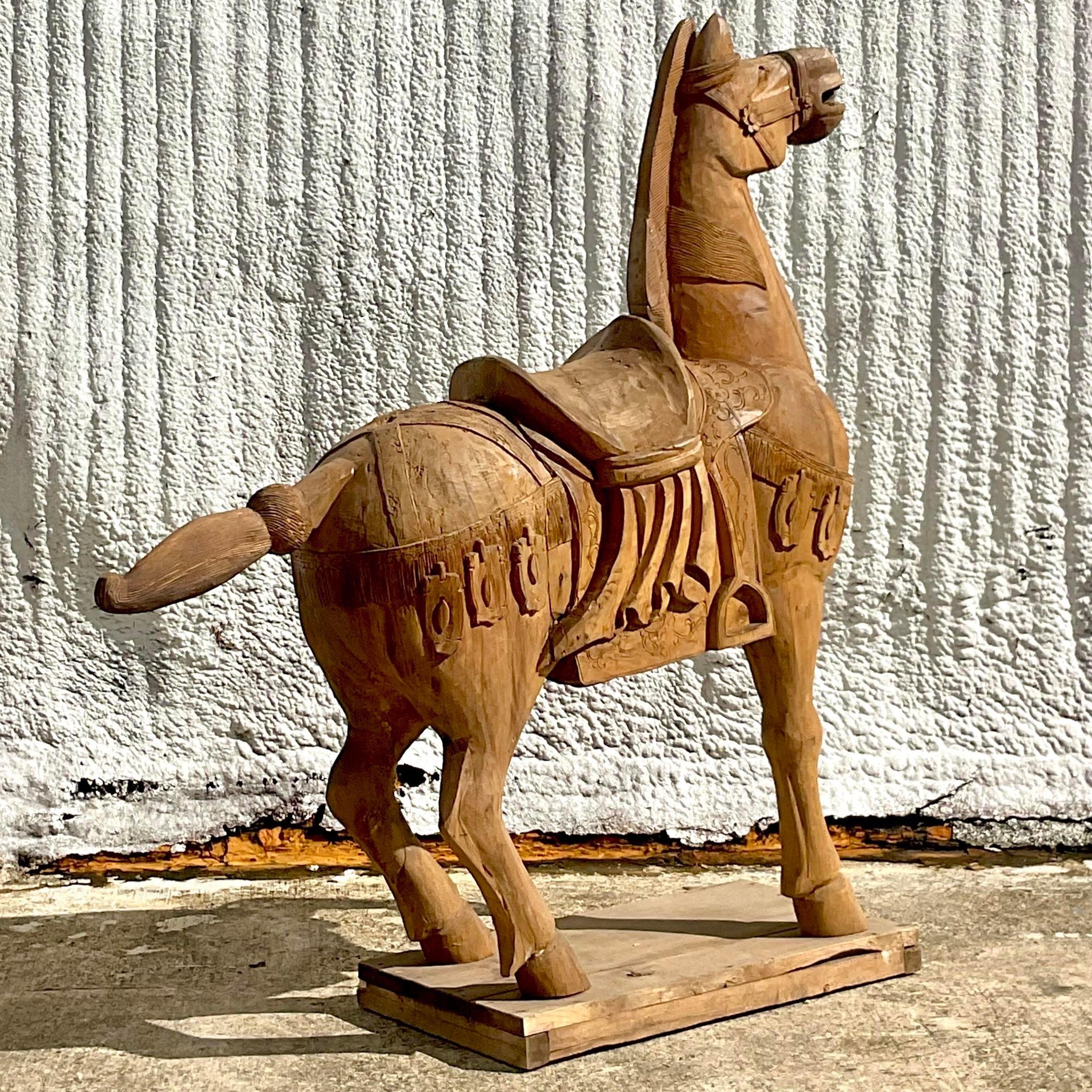 Vintage Carousel Boho Carved Wooden Horse For Sale 7